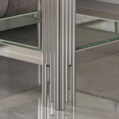 Goujxcy Modern Glass End Table Silver Sofa Side Table with Clear Glass Top and Mirror Stainless Steel Legs, Luxury Square Coffee Tea Table Bedside Tables for Living Room Bedroom, Silver