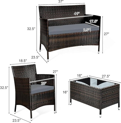 Tangkula 4 PCS Patio Rattan Conversation Set, Outdoor Wicker Furniture Set with Tempered Glass Coffee Table &Thick Cushion, Rattan Chair Wicker Set for Garden, Lawn, Poolside and Backyard (1, Gray)