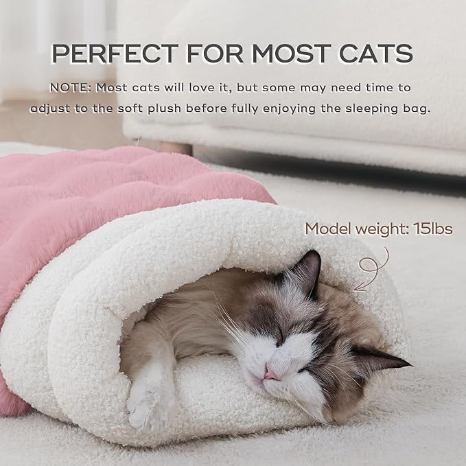 Cat Sleeping Bag for Indoor Cats Self Warming Cat Bed Fits up to 15 lbs Pets Soft Plush Warm Bed 360° Wrap Bag Washable Comfortable Pet Sleeping Bed 21" × 17" Pink