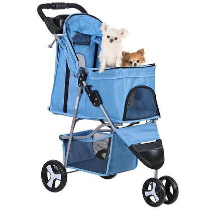 Foldable Pet Stroller for Cats and Dogs 3 Wheels Carrier Strolling Cart with Weather Cover, Storage Basket + Cup Holder (Blue)