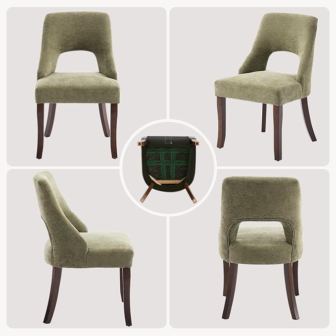 UVV Wooden Dining Chairs Set of 4, Mid Century Modern Chenille Upholstered Dining Room Chair Kitchen Chairs, Farmhouse Dinner Chair with Solid Wood Legs for Kitchen Dining Room, Green