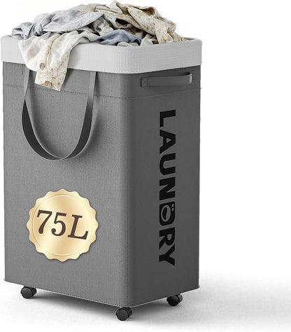 YECAYE 75L Rolling Collapsible Laundry Baskets, Easy-to-Assemble Laundry Basket with Wheels, Rolling Laundry Hamper, Foldable Clothes Hamper with Wheels for Bedroom, Bathroom, or Laundry Room