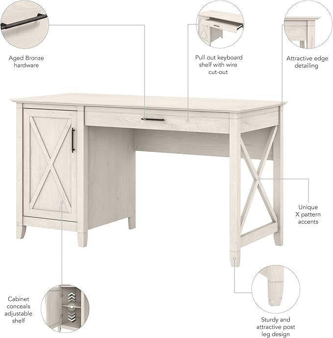 Bush Furniture Key West Computer Desk with Storage | Farmhouse PC Table for Home Office in Linen White Oak | 54W x 24D