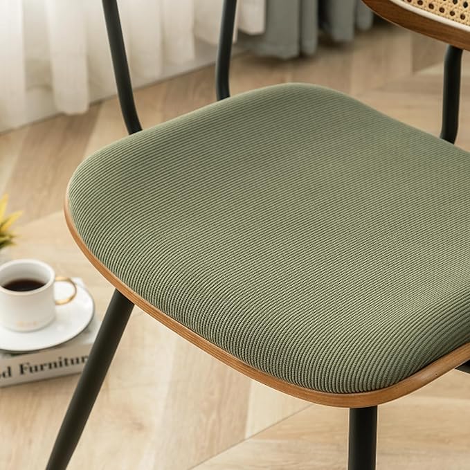 Rattan Dining Room Chairs Set of 2,Mid Century Modern Kitchen Side Chairs,Metal Legs Desk Chairs,Green Modern Corduroy Fabric Accent Chairs with Arms and Rattan Backrest