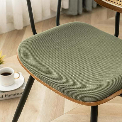 Rattan Dining Room Chairs Set of 2,Mid Century Modern Kitchen Side Chairs,Metal Legs Desk Chairs,Green Modern Corduroy Fabric Accent Chairs with Arms and Rattan Backrest