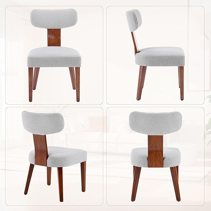 Dining Chairs Set of 4, Mid-Century Modern Upholstered Kitchen Chairs with Curved Backrest and Linen Fabric Seat, Wood Leg Accent Chairs for Dining Room, Living Room, Bedroom, Grey