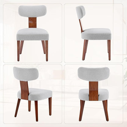 Dining Chairs Set of 4, Mid-Century Modern Upholstered Kitchen Chairs with Curved Backrest and Linen Fabric Seat, Wood Leg Accent Chairs for Dining Room, Living Room, Bedroom, Grey