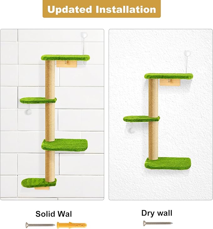 Cat Wall Climber and Floating Shelves, Wall Mounted Cat Tree for Kittens & Cats Up to 30lbs, 4-Tier Adjustable Design with Green Plush Pads