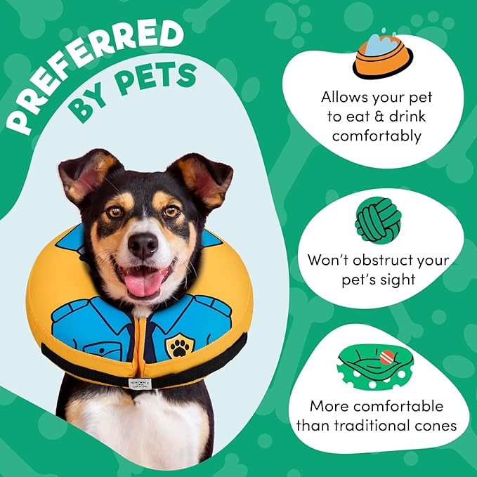 BENCMATE Inflatable Dog Cone Collar Alternative, Soft Dog Cone for Small Medium Large Dogs and Cats, Neck Recovery ECollar Donut Collar After Surgery (Medium+, Police Officer)