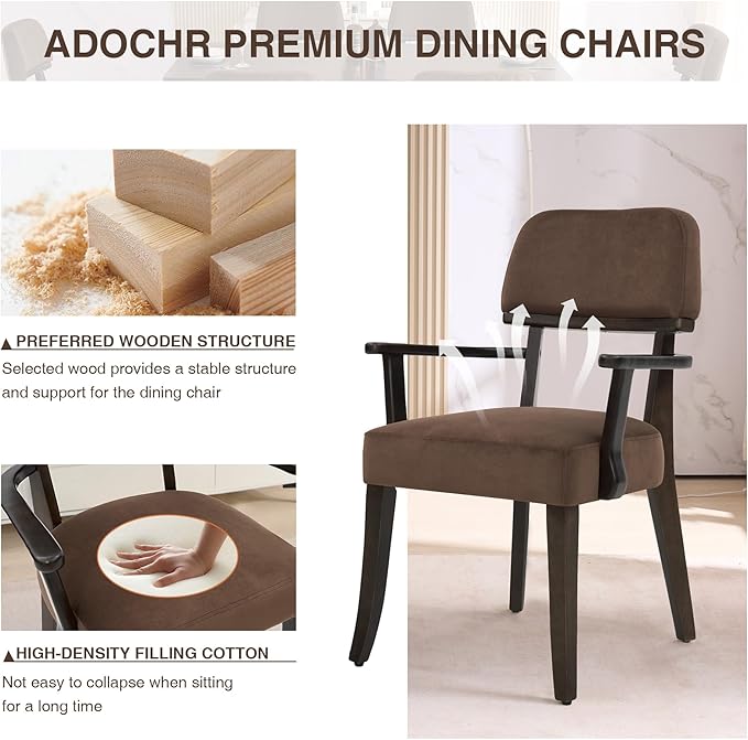 Modern Wood Dining Chairs with Arms Set of 6, Velvet Upholstered Kitchen Chairs with Open Curved Backrest & Black Hardwood Legs, Accent Chairs 350 LBS Capacity, Brown