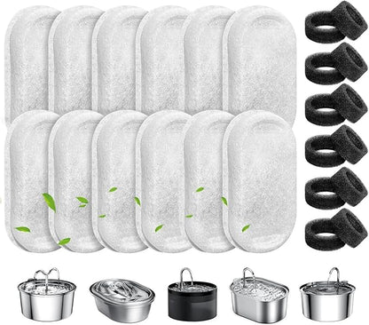 Cat Water Fountain Filters, 12 Pack Pet Replacement Filters with 12 Sponges for Stainless Steel 67oz/2L, 108oz/3.2L and 135oz/4.0L Faucet-Shaped Pet Water Fountain Dog Water Dispenser