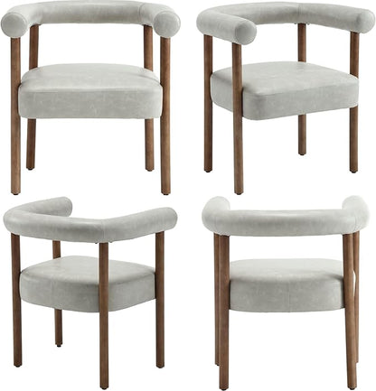 Mid-Century Modern Dining Chairs Set of 4, Armrest Barrel Dining Chairs Side Accent Chairs with Curved Back, Upholstered Wood Armchairs for Kitchen, PU Leather Grey