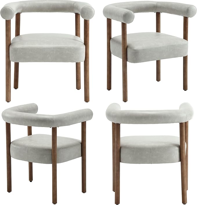 Mid-Century Modern Dining Chairs Set of 2, Armrest Barrel Dining Chairs Side Accent Chairs with Curved Back, Upholstered Wood Armchairs for Kitchen, PU Leather Grey