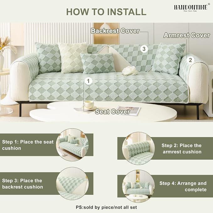 HANDONTIME Non-Slip Pet Couch Cover Washable, Plush Faux Fur Couch Protector for Cushion Pet-Friendly Sofa Covers for Dogs, Checkered Diamond Sectional Covers Dog Mat for Sofa (Green, 35.6" x 35.6")