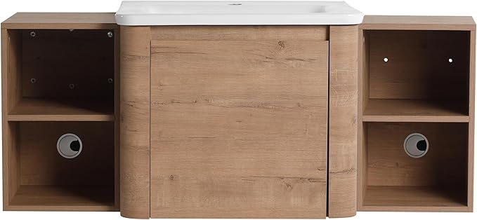 Goujxcy 48 Inch Bathroom Vanity with Sink Combo Modern Floating Vanity Cabinet with Ceramic Vessel Sink and Side Storage Shelves, Soft Closing Door Design (Imitative Oak)