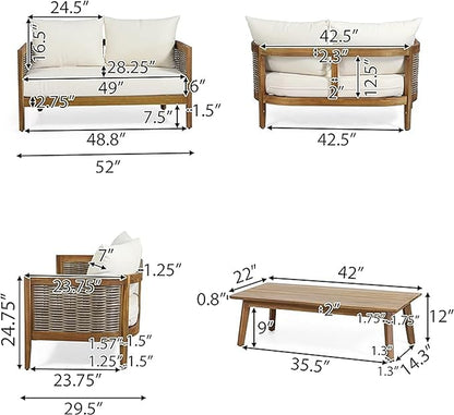 Merax 4-Piece Outdoor Acacia Wood Wicker Conversation Set with Loveseat,Club Chairs and Coffetable for Backyard Garden