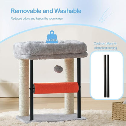 Hey-brother Cat Tree, Cat Scratching Posts with Bed, Sturdy Tower with Fully Sisal-Wrapped Columns and Plush Toy Ball for Indoor Kittens, 18.9 inches, Light Gray MPJ010SW