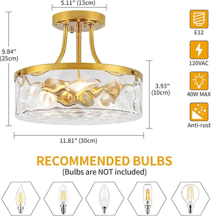 11.81" Modern Gold Semi Flush Mount Ceiling Light, Hammered Glass Hallway Light Fixtures, Entryway Light Fixture, 3-Light Lighting Fixtures for Kitchen Island Dining Room Bedroom Laundry, UL Listed
