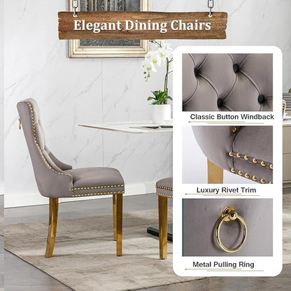 Goujxcy 68" Faux Marble Dining Table Set for 6, 7-Piece Dining Set with White Gold Kitchen Table and 6 Velvet Tufted Chairs, Modern Rectangular Dining Room Table with O-Shape Stainless Steel Base