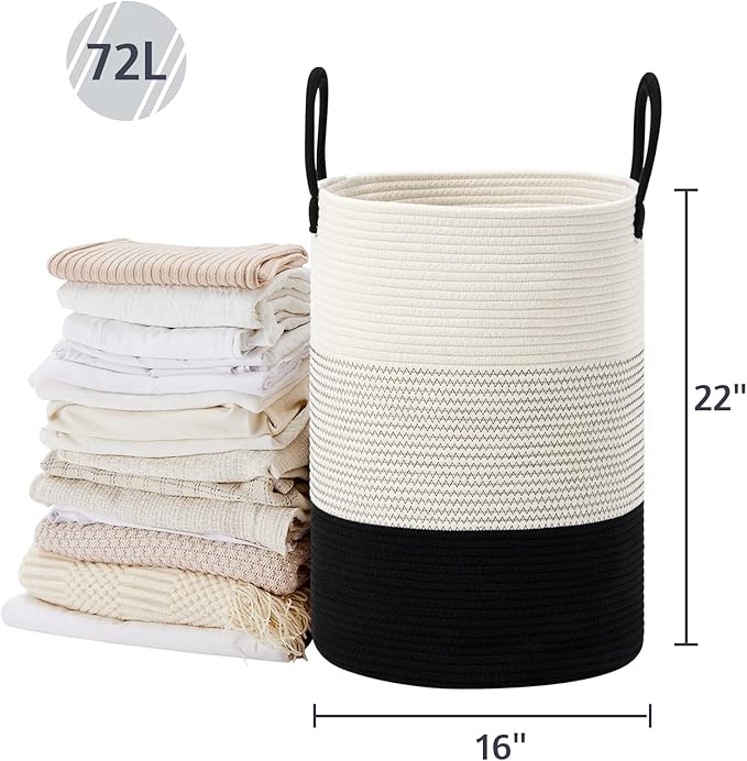 VIPOSCO Large Laundry Hamper, Tall Woven Rope Storage Basket for Blanket, Toys, Dirty Clothes in Living Room, Bathroom, Bedroom - 72L White & Black