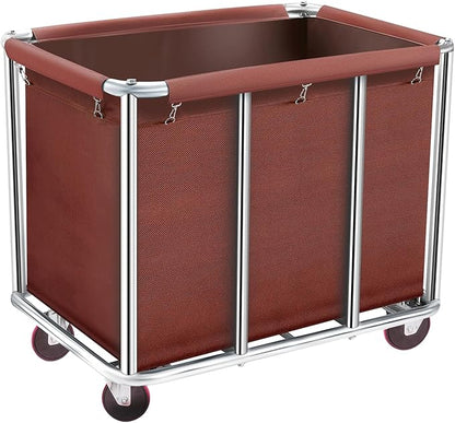 Commercial Laundry Cart with Wheels, 11.35 Bushel Large Laundry Tumbler with Removable Waterproof Canvas Lined Basket, Heavy Duty Stainless Steel Laundry Basket for Hotels and Hospitals