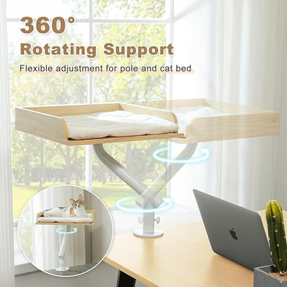PAWZ Road Cat Desk Bed, Wooden Cat Bed for Desk Supports Up to 50 lbs, 360° Rotation & Adjustable, Nest Desktop Attachment Cats Hammock for Table, Beige