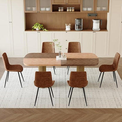 79" Large Dining Table Set for 6, Modern Farmhouse Dining Room Table Set with 1.7" Thick Two-Tone Wood Top, Sculpted Wave Legs & 6 Suede Upholstered Chairs, Wooden Kitchen Table Set for Living Room