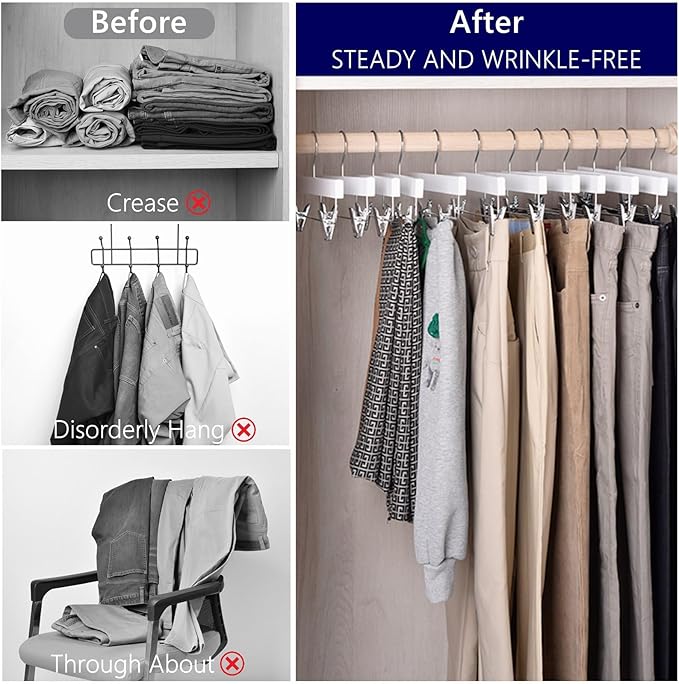 Amber Home 10 Pack White Wooden Pants Hangers with 2-Adjustable Clips for Jeans, Slacks, Shorts