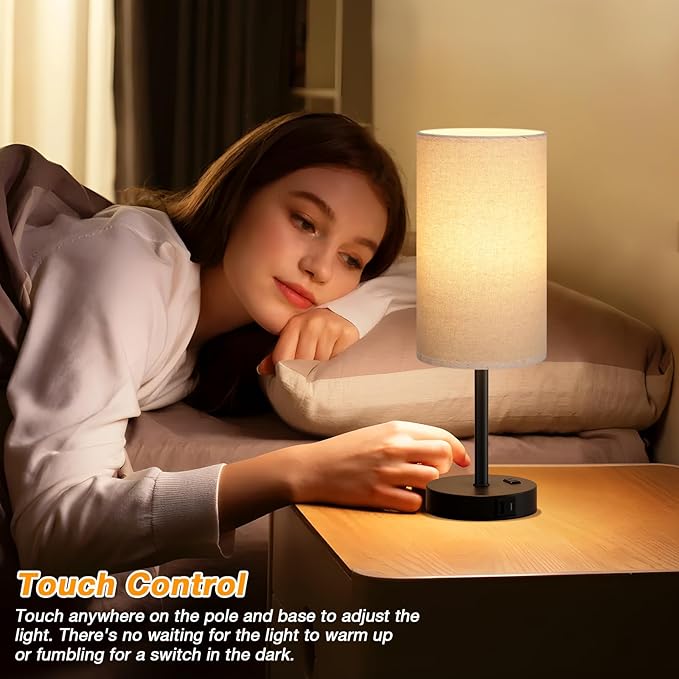 Dicoool Tall Touch Bedside Table Lamp with USB - 3 Way Dimmable Black Lamps for Bedroom Nightstand, Desk Lamp with Black Charging Station for Dorm, Office, Kids Room