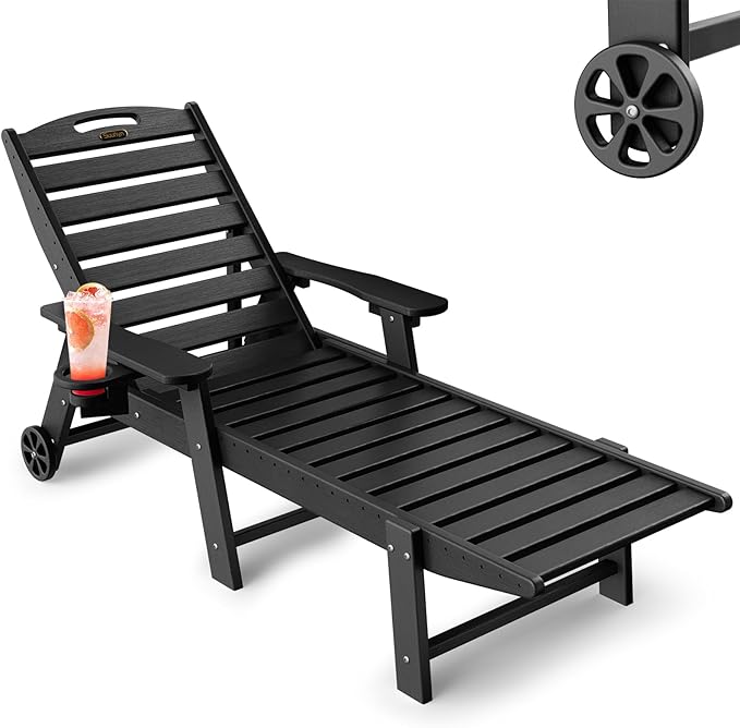 Lounge Chair Outdoor, Chaise Lounge Outdoor, HDPE 6-Position Lounge Chair for Outside, Patio Lounge Chair with Wheels & Cup Holder for Pool Poolside Deck Backyard, Black