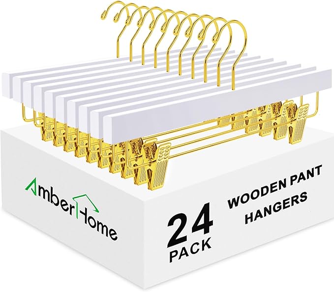 Amber Home 24 Pack White Wooden Pants Hangers with Gold Clips, Wood Skirt and Trouser Hangers for Jeans, Slacks, Shorts