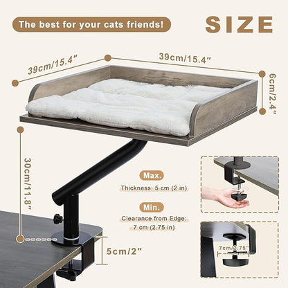 PAWZ Road Cat Desk Bed, Wooden Cat Bed for Desk Supports Up to 50 lbs, 360° Rotation & Adjustable, Nest Desktop Attachment Cats Hammock for Table, Gray