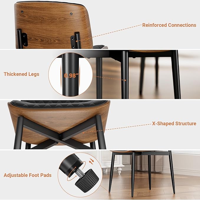 Dining Chairs Set of 6, FSC Certified Mid Century Modern Accent Dining Room and Kitchen Chairs, Upholstered PU Leather Diamond Check Chairs with Walnut Bentwood and Metal Legs, Black