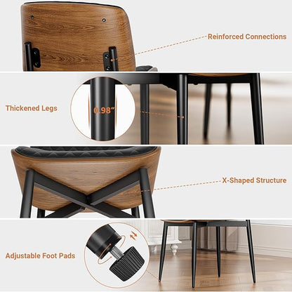 Dining Chairs Set of 6, FSC Certified Mid Century Modern Accent Dining Room and Kitchen Chairs, Upholstered PU Leather Diamond Check Chairs with Walnut Bentwood and Metal Legs, Black