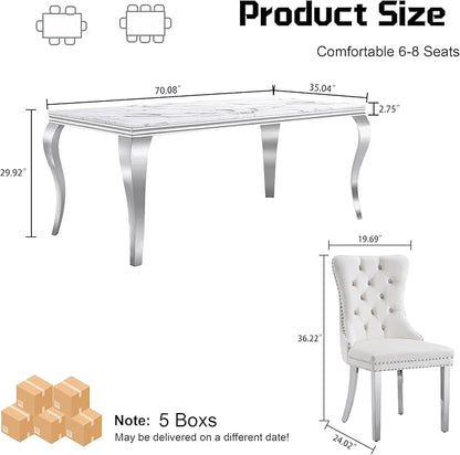 7-Piece Dining Table Set for 6, Faux Marble Dining Table Set with 70'' Marble Dinner Table and 6 Velvet Wing Back Chairs for Kitchen, Dining Room, White & Silver