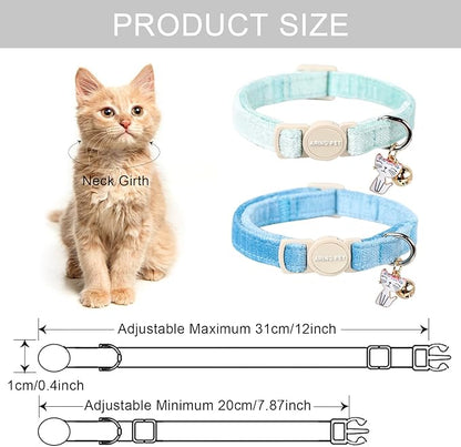 ARING PET 2 Pack Cat Collar-Cute Cotton Cat Collar with Bell & Pendant, Adjustable Blue Green Kitten Collars with Safety Buckle for Girl and Boy Pets