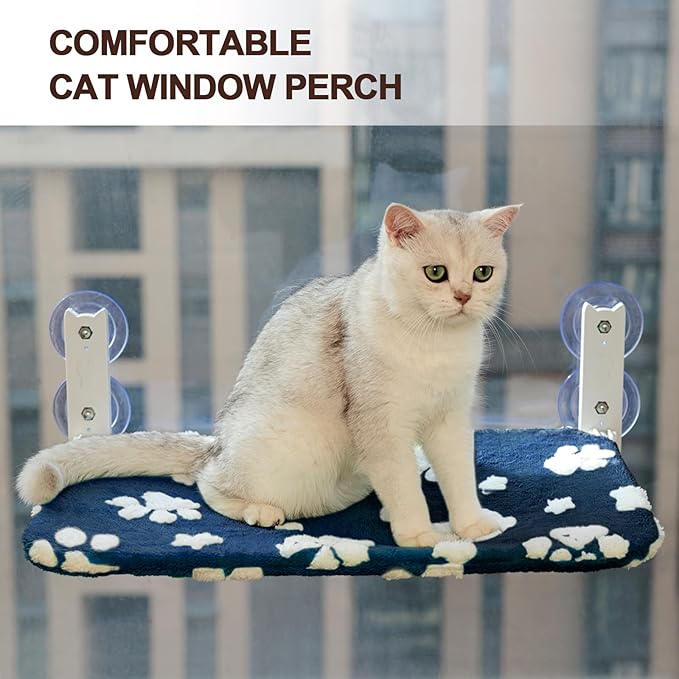 Cat Window Perch, Foldable Cat Window Hammock with Cute 3D Textured Flower Cover and Strong Suction Cups, Cordless Window Seat Bed for Indoor Cats (Navy Paw, Large)