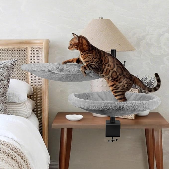Double Cat Desk Bed - 2 Large Layers Cat beds with 360° Rotating & Adjustable Height, Kitten Nest for Desktop with 2 Washable Soft Covers, Kitten Hammock Bed Mount for Home Office Grey