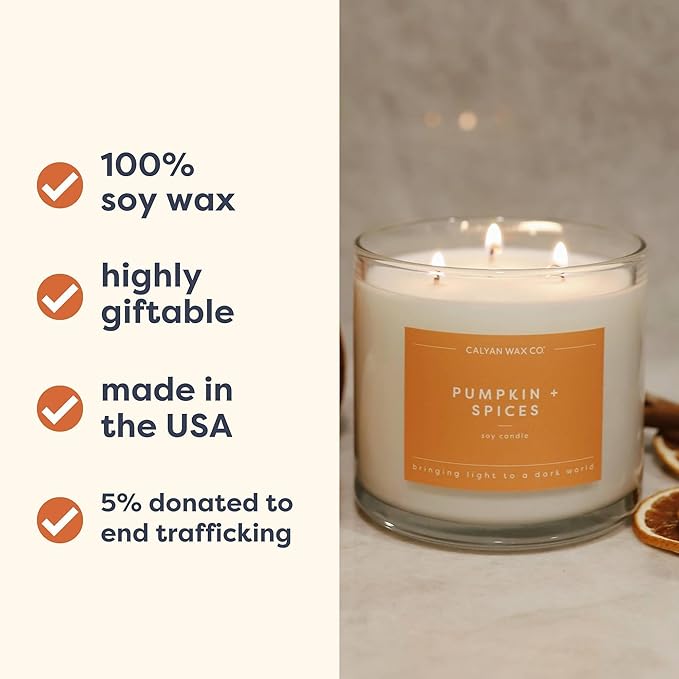 Calyan Wax Co. Pumpkin & Spices 3 Wick Scented Candle - 43 Hour Burn - Luxury 3 Wick Soy Candles - Non Toxic Soy Wax Candles - Long Lasting Large Glass Jar Candle for Home - 14.9oz