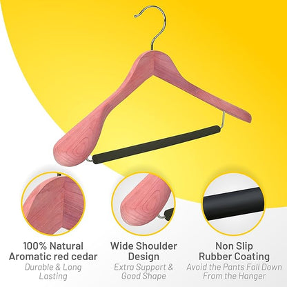 Cedar Hangers for Closet - 5 Pack Extra Wide Wooden Hangers for Suits, Coat, Dress, Jacket, Clothes Storage - Non Slip Foam Padded Pant Bar with 360° Swivel Hook, Aromatic American Cedar Wood