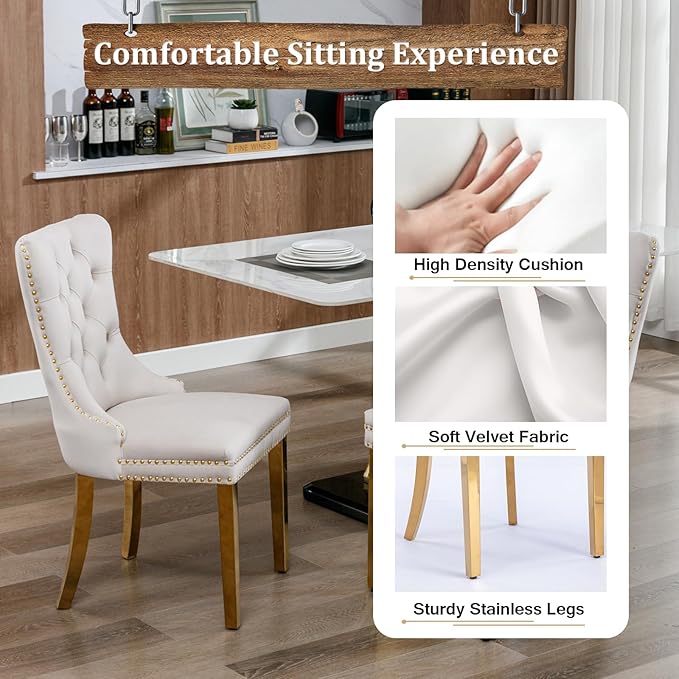 Goujxcy 70" Marble Dining Table Set for 6, Modern 7 Piece Dining Room Table Set with White Faux Marble Dining Table & 6 Beige Velvet Upholstered Chairs, Luxury Silver Kitchen Table Chairs Set of 6