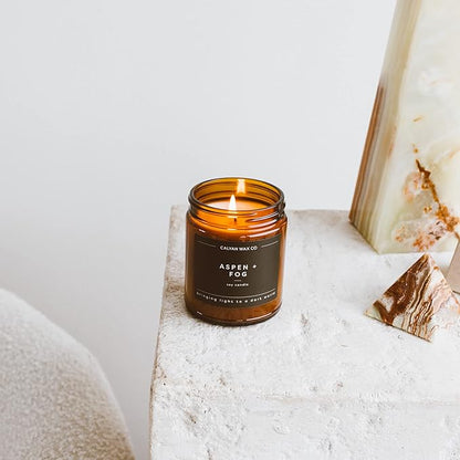 Calyan Wax Co. Aspen & Fog Scented Candle - 57 Hour Burn - Luxury Non Toxic Soy Wax Candles - Long Lasting Amber Glass Jar Candle for Home - 7.2oz
