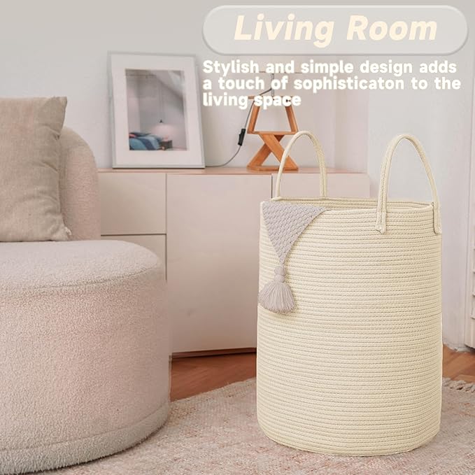 Large Woven Laundry Basket Hamper,80L Cotton Rope Storage Bin for Blankets,Toys and Clothes,Decorative Tall Nursery Hamper for Living Room,Baby Nursery,Bathroom and Bedroom,Beige