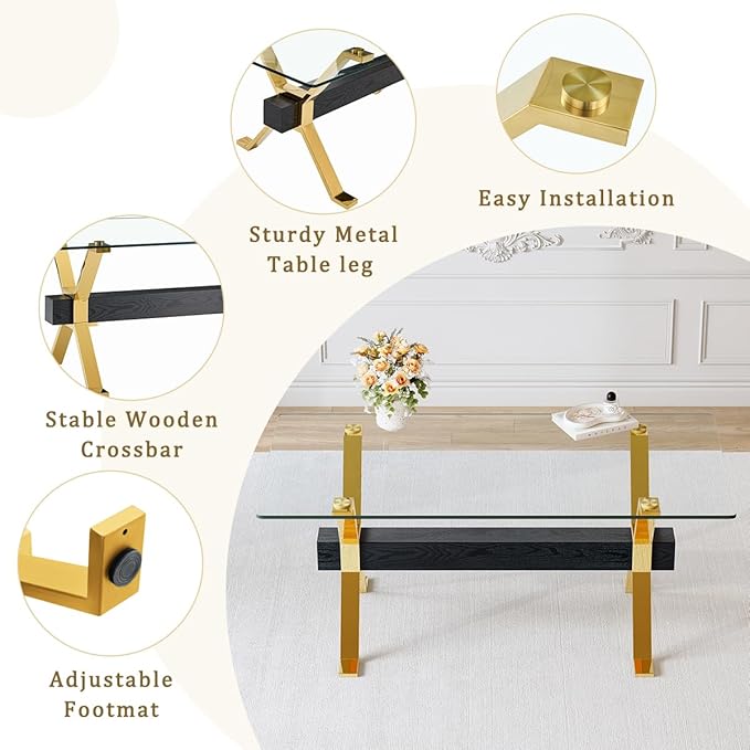 Glass Dining Table 71"｜Modern Dining Table for 6-8｜0.4" Thick Tempered Glass Top｜Chrome Gold Metal Legs｜Black Crossbar｜Easy Assembly｜Perfect for Dining Room or Kitchen