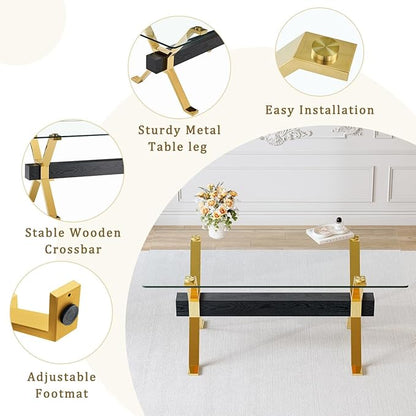 Glass Dining Table 71"｜Modern Dining Table for 6-8｜0.4" Thick Tempered Glass Top｜Chrome Gold Metal Legs｜Black Crossbar｜Easy Assembly｜Perfect for Dining Room or Kitchen