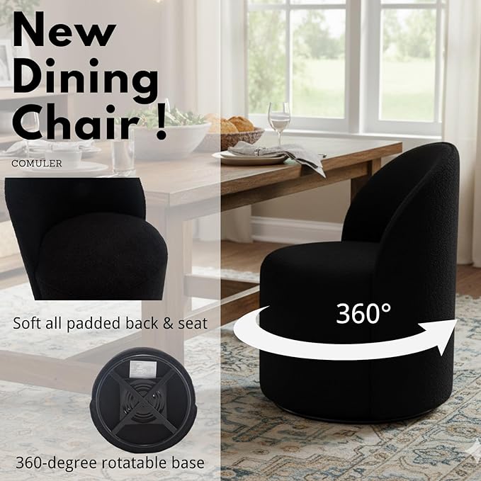 Modern Barrel Dining Chairs Set of 4, Swivel Base Black Sherpa Accent Chair 360°Rotating Mid-Century Dining Side Chair Kitchen Chair for Living Room, Bedroom, Home, Office, Kitchen