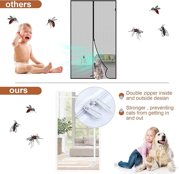Reinforced Cat Screen Door Fits Door Size 34''x 82'', Heavy Duty Pets Proof Screen Door with Zipper, Prevent Dogs Cats Running Out from Home (White)