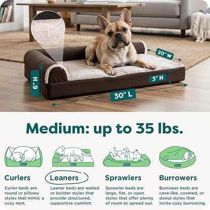 Furhaven Orthopedic Dog Bed for Medium/Small Dogs w/ Removable Bolsters & Washable Cover, For Dogs Up to 35 lbs - Two-Tone Plush Faux Fur & Suede L Shaped Chaise - Espresso, Medium,30"L x 20"W x 6"Th