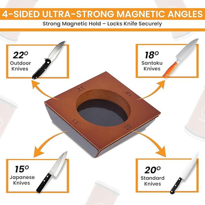 Rolling Knife Sharpener Kit – Magnetic 4-Angle Base, 3.86 Inches Longer Wooden Roller, 4 Grit Discs (1000/400 Diamond & 3000 Maroon / 6000 White Ceramic) and Leather Strop