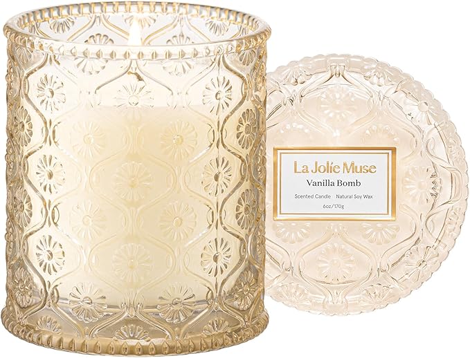LA JOLIE MUSE Vanilla Bomb Candle | Vanilla, Lemon Zest & Patchouli | 6 oz Cotton Wick | Natural Soy Wax | 40 Hours Clean Burn | Gift-Ready for Hosts | Elegant Home Décor